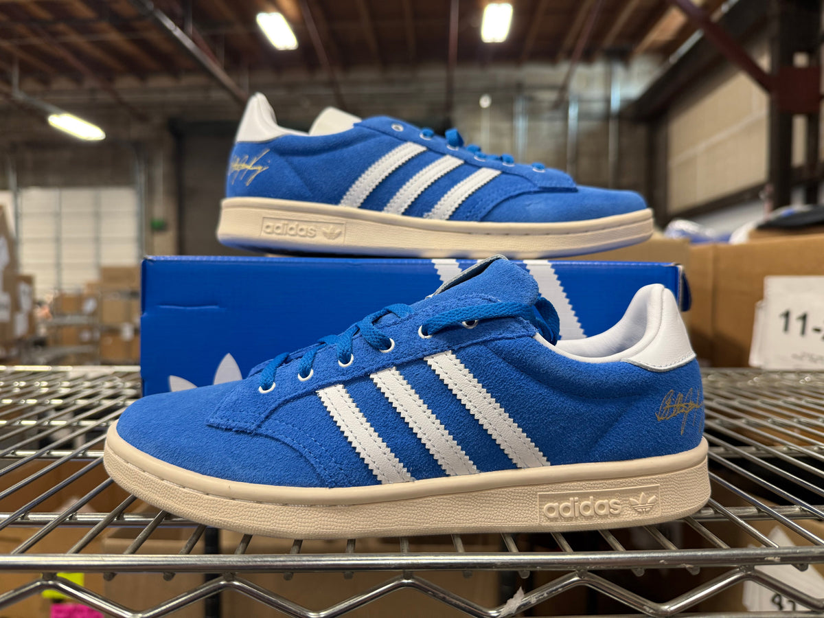 adidas Billie Jean King sneakers in blue suede, photographed at our Portland, Oregon warehouse