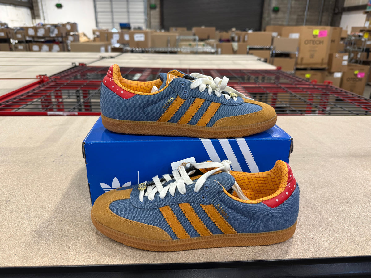 adidas Samba Woody Toy Story pair, Crew Blue denim with tan suede and gum sole, on the Pixar box
