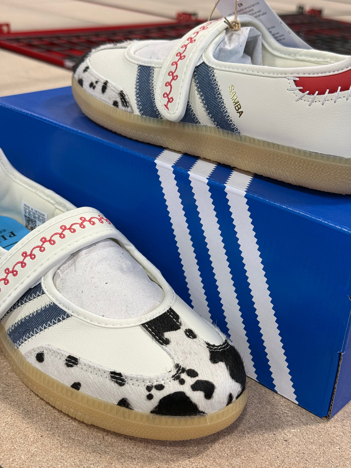 adidas Samba Jane Jessie Toy Story, cow-print toe and Mary Jane strap, white leather with denim Three Stripes