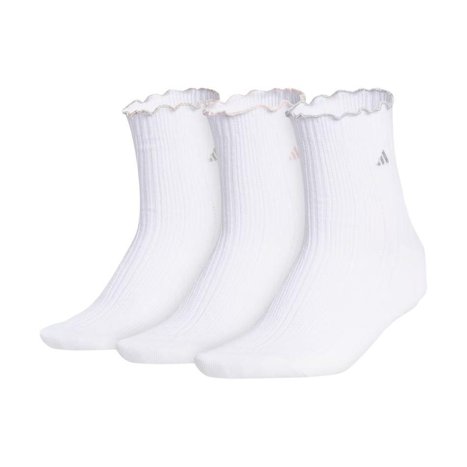 Adidas Womens White/Silver Performance Ruffle 3-Pack Quarter Socks, KL0310