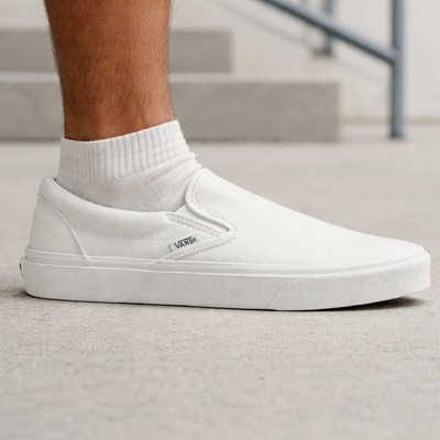 Vans Mens Classic Slip‑On Canvas Sneakers, Triple White, VN000EYEW00