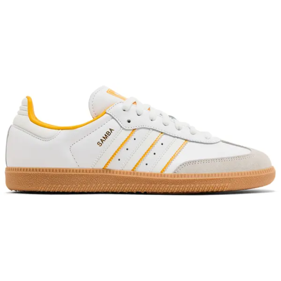 Zapatillas Adidas Samba OG blancas para hombre, con rayas bicolor y amarillo, ID1479 (sin caja)