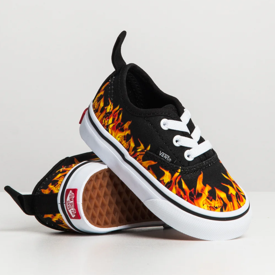 Zapatillas Vans para niños pequeños negras auténticas con cordones elásticos 'Flames', VN0A4BUYBLK